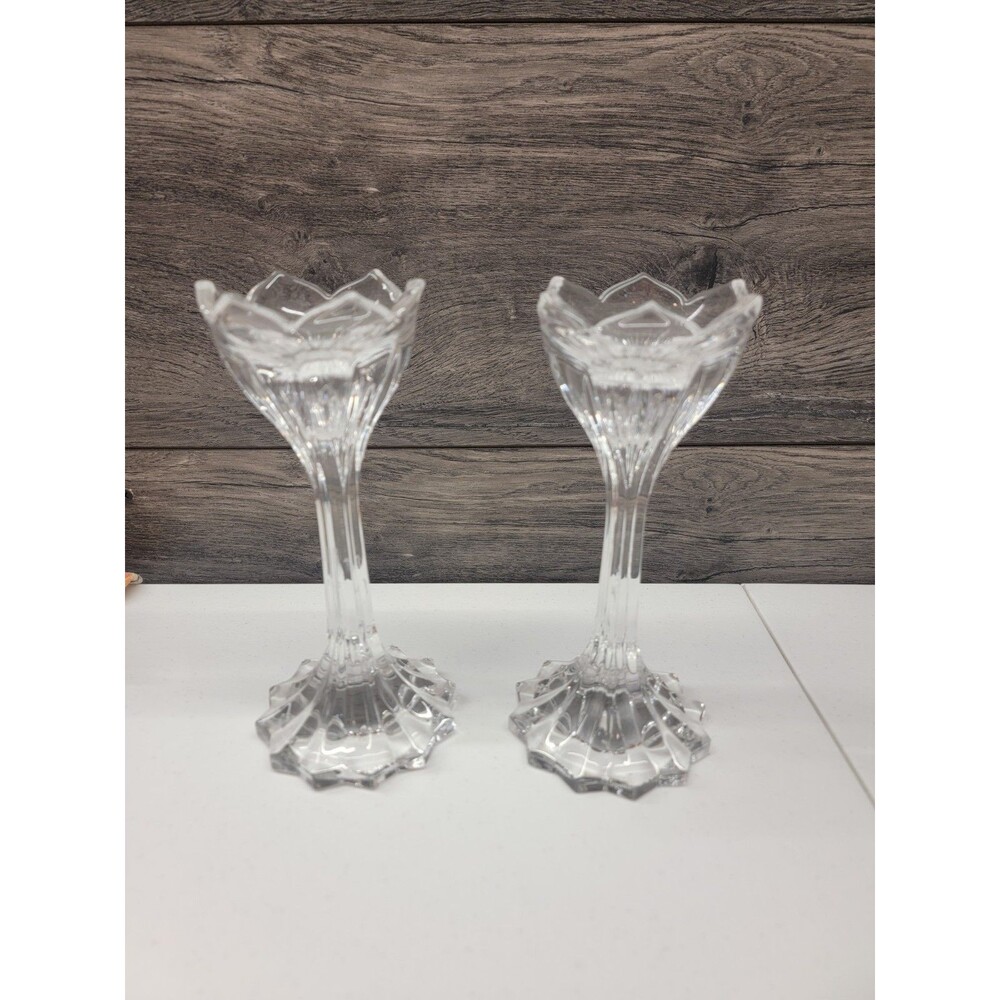 2 Vintage Gorham Crystal Clear Lotus Candlesticks Vertical Flower Shaped 7" Tall
